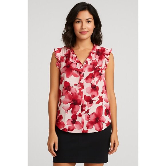 DKNY Red Floral Ruffle Sleeveless Blouse – Size XL - Picture 6 of 6